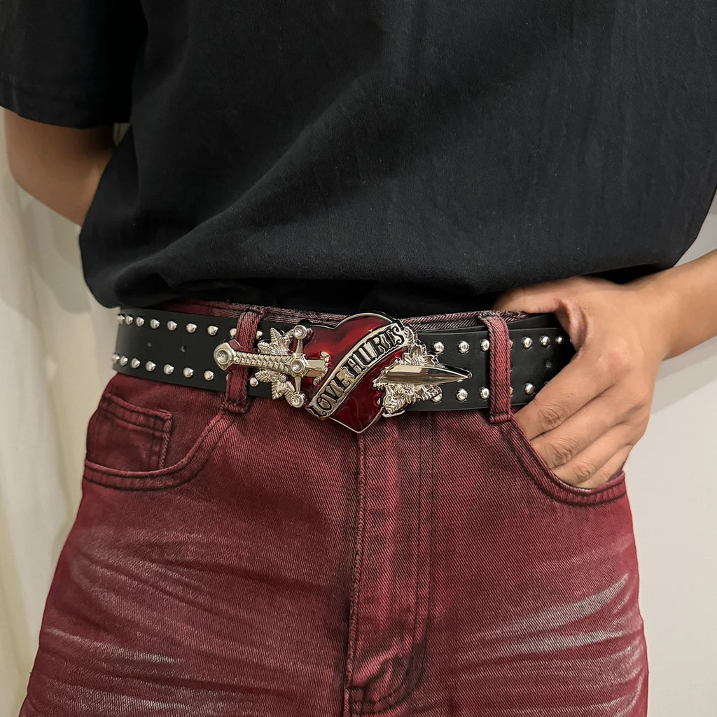 Unisex Goth Y2K Jeans Belt – Red Heart Sword Design, Rivet Punk Fashion Accessory for Women and Men, Luxury Waistband