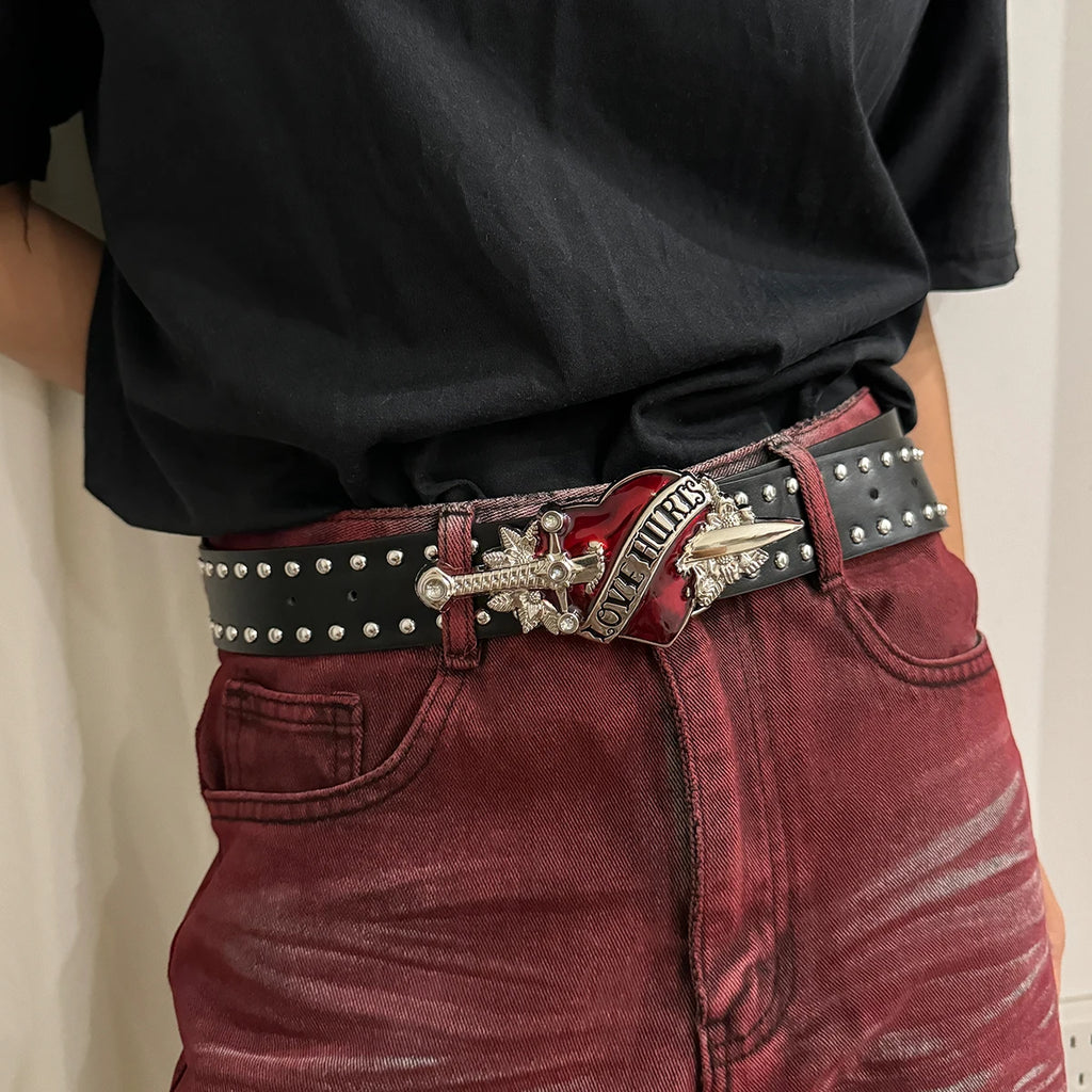 Unisex Goth Y2K Jeans Belt – Red Heart Sword Design, Rivet Punk Fashion Accessory for Women and Men, Luxury Waistband