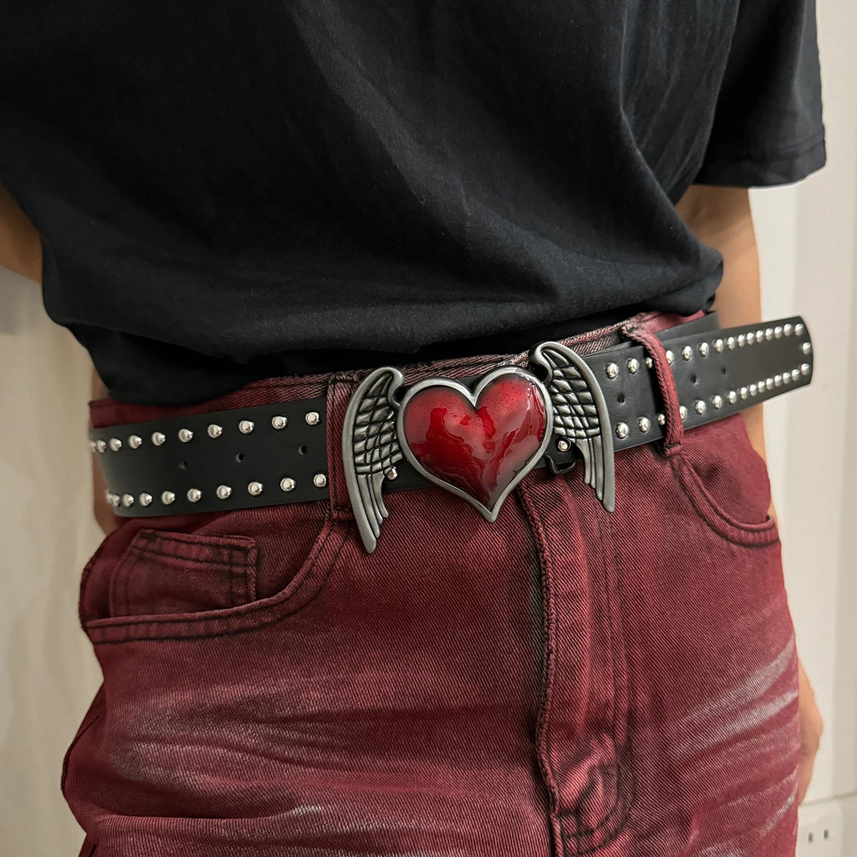Unisex Goth Y2K Jeans Belt – Red Heart Sword Design, Rivet Punk Fashion Accessory for Women and Men, Luxury Waistband